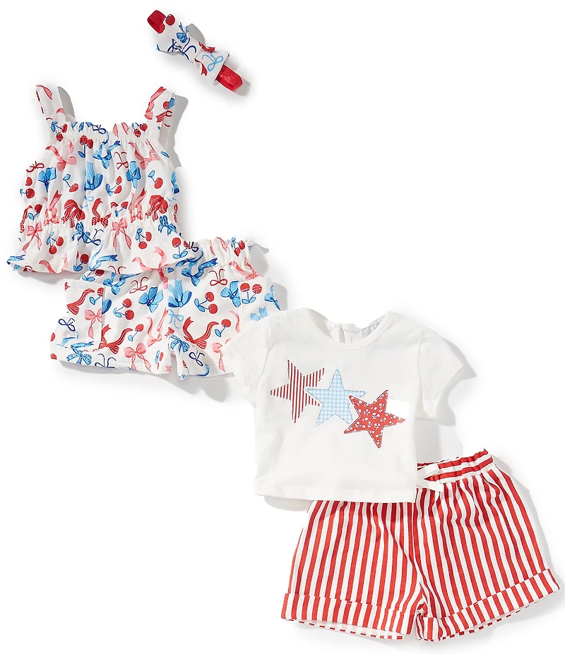 Rare Editions Baby Girls Americana Star-Printed T-Shirt & Bow/Cherry Printed Shorts & Matching Tank Top & Striped Shorts Set