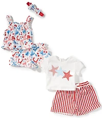 Rare Editions Baby Girls Americana Star-Printed T-Shirt & Bow/Cherry Printed Shorts & Matching Tank Top & Striped Shorts Set