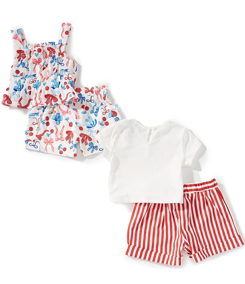 Rare Editions Baby Girls Americana Star-Printed T-Shirt & Bow/Cherry Printed Shorts & Matching Tank Top & Striped Shorts Set