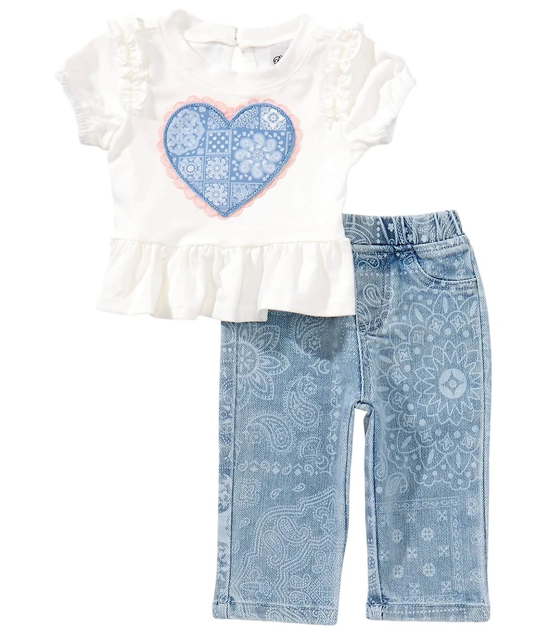 Rare Editions Baby Girls Bubble Sleeve Heart Applique Tunic Top & Bandana Print Denim Jeans 2-Piece Set