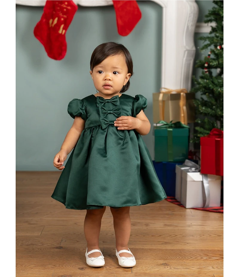 Rare Editions Baby Girls Bubble-Sleeve Triple-Bow-Detailed Satin Fit-And-Flare Dress