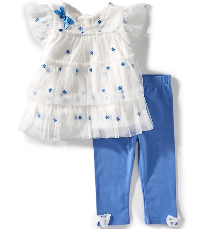 Rare Editions Baby Girls Cap Sleeve Embroidered Mesh Tunic Top & Solid Leggings Set