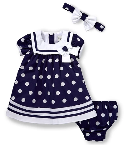 Rare Editions Baby Girls Cap Sleeve Large Dotted Nautical Empire Waist Dress