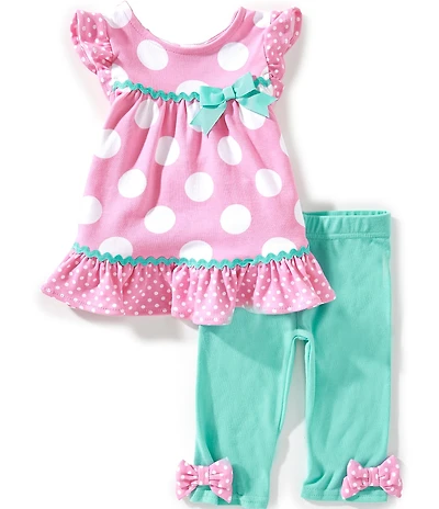 Rare Editions Baby Girls Cap-Sleeve Large/Small-Dotted Tunic Top & Solid Bow-Accented Leggings Set