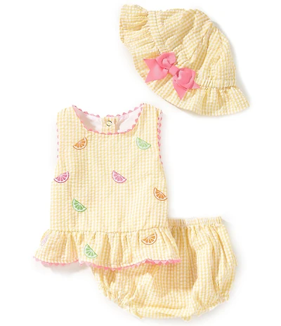 Rare Editions Baby Girls Sleeveless Seersucker Citrus Fruit Schiffli Embroidered Tank and Diaper Cover