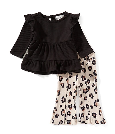 Rare Editions Baby Girls Crewneck Rib Knit Top & Cheetah Flare Leg Pants Set