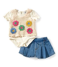 Rare Editions Baby Girls Crocheted Vest, Short-Sleeve Knit Bodysuit & Denim Skort Set