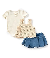 Rare Editions Baby Girls Crocheted Vest, Short-Sleeve Knit Bodysuit & Denim Skort Set