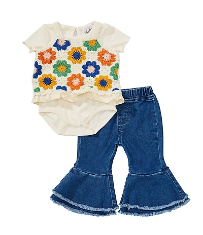 Rare Editions Baby Girls Crocheted Vest, Short-Sleeve Rib-Knit Bodysuit & Flare-Leg Jeans Set
