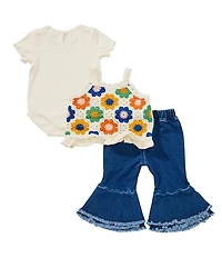 Rare Editions Baby Girls Crocheted Vest, Short-Sleeve Rib-Knit Bodysuit & Flare-Leg Jeans Set