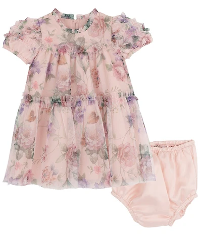 Rare Editions Baby Girls Floral Mesh Ruffle Babydoll Dress