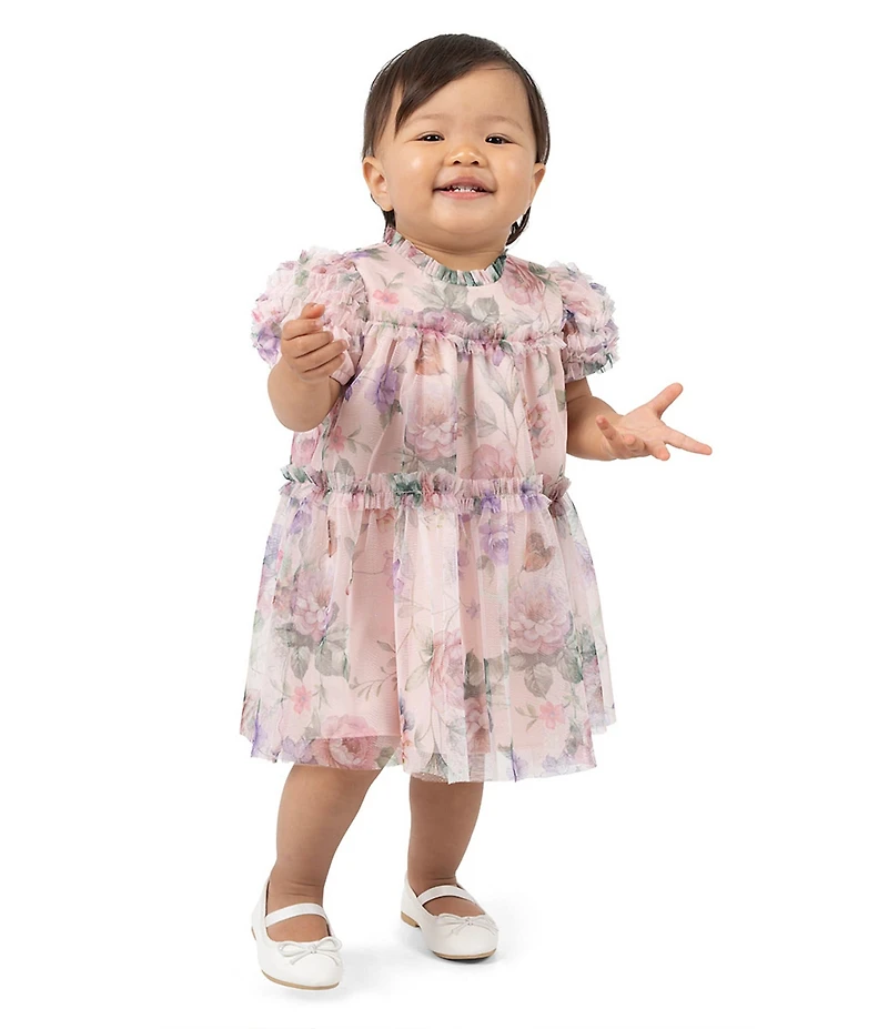 Rare Editions Baby Girls Floral Mesh Ruffle Babydoll Dress