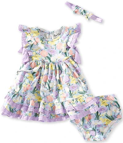 Rare Editions Baby Girls Floral Print Flutter Sleeve Lace Trim Bow Accents Fit-And-Flare Dress
