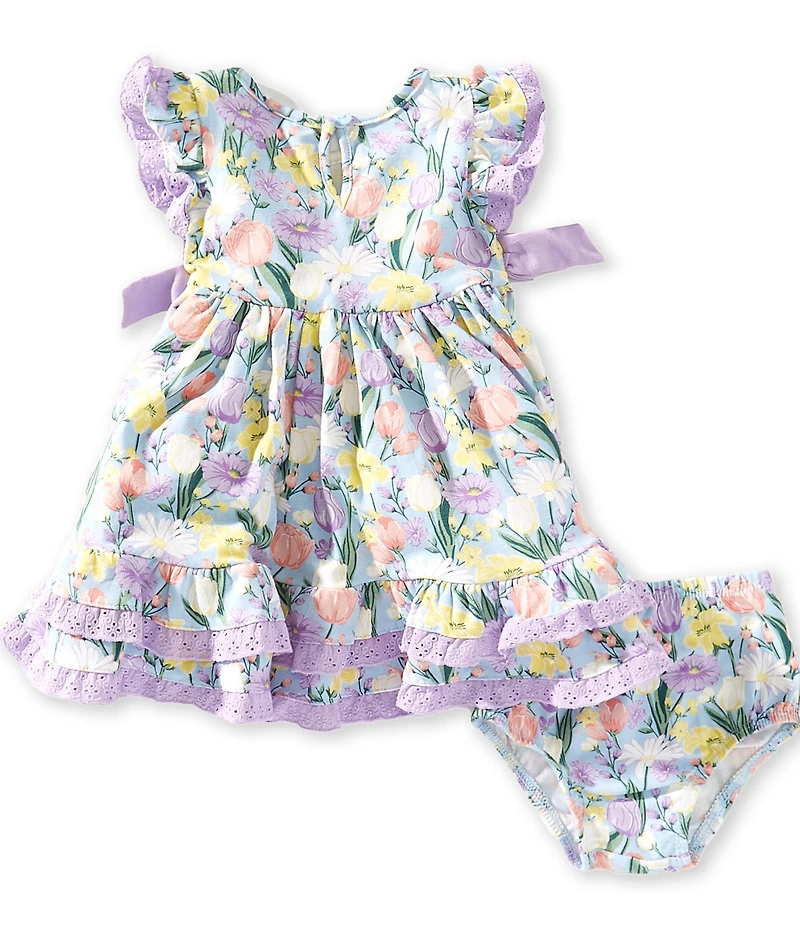 Rare Editions Baby Girls Floral Print Flutter Sleeve Lace Trim Bow Accents Fit-And-Flare Dress
