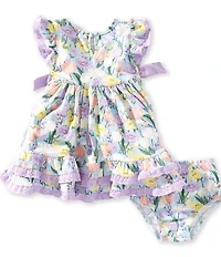 Rare Editions Baby Girls Floral Print Flutter Sleeve Lace Trim Bow Accents Fit-And-Flare Dress