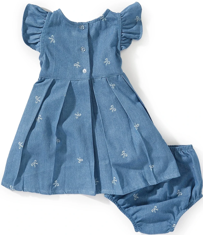 Rare Editions Baby Girls Flutter-Sleeve Bow Pattern Denim Dress