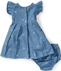Rare Editions Baby Girls Flutter-Sleeve Bow Pattern Denim Dress