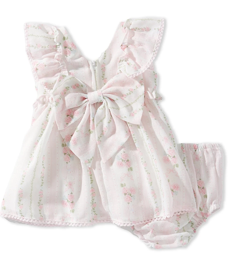 Rare Editions Baby Girls Flutter-Sleeve Bow Details Floral Wallpaper Print Ruffle Fit-And-Flare Dress