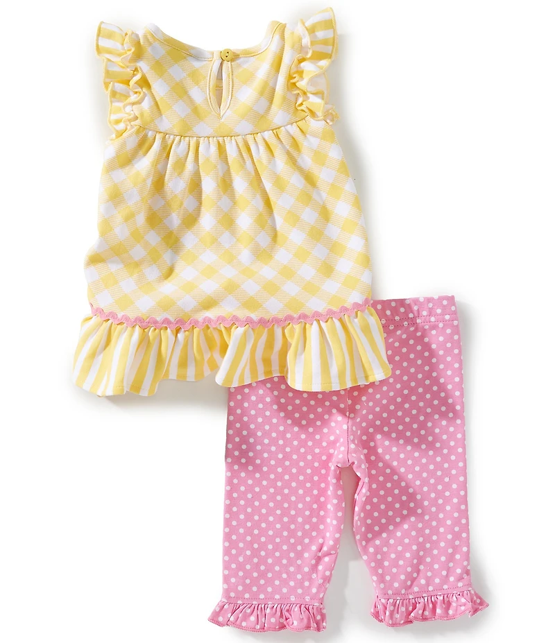 Rare Editions Baby Girls Flutter-Sleeve Checked Flower/Butterfly-Appliqued Tunic Top & Pindotted Leggings Set