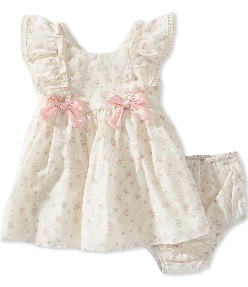 Rare Editions Baby Girls Flutter-Sleeve Bow Detail Clip-Dotted Ditsy Floral Print Fit-And-Flare Dress