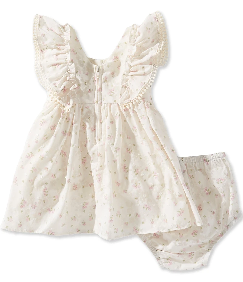 Rare Editions Baby Girls Flutter-Sleeve Bow Detail Clip-Dotted Ditsy Floral Print Fit-And-Flare Dress