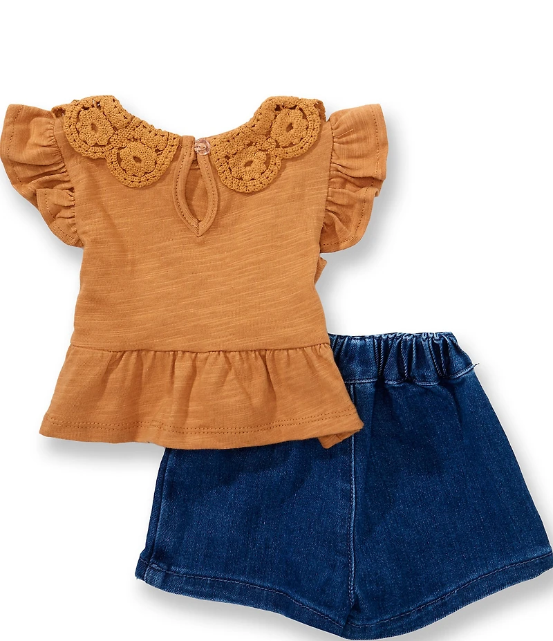 Rare Editions Baby Girls Flutter Sleeve Crochet Trim Knit Tunic Top & Denim Skort 2-Piece Set