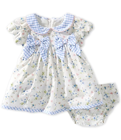 Rare Editions Baby Girls Cap-Sleeve Peter Gingham Pan Collar and Bows Ditsy-Floral-Printed Fit-And-Flare Dress