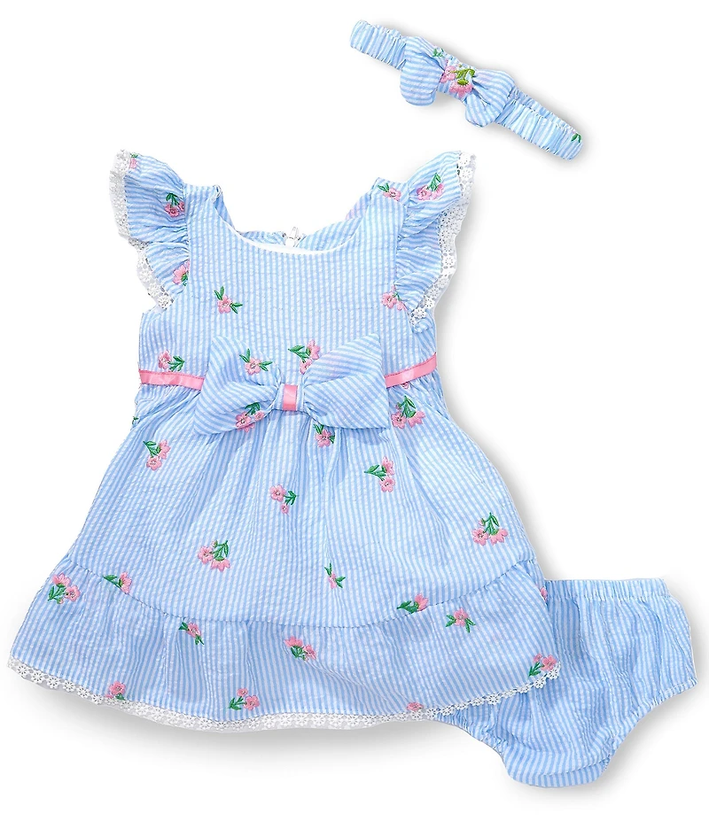 Rare Editions Baby Girls Flutter Sleeve Floral Embroidered Seersucker Fit-And-Flare Dress