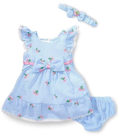 Rare Editions Baby Girls Flutter Sleeve Floral Embroidered Seersucker Fit-And-Flare Dress