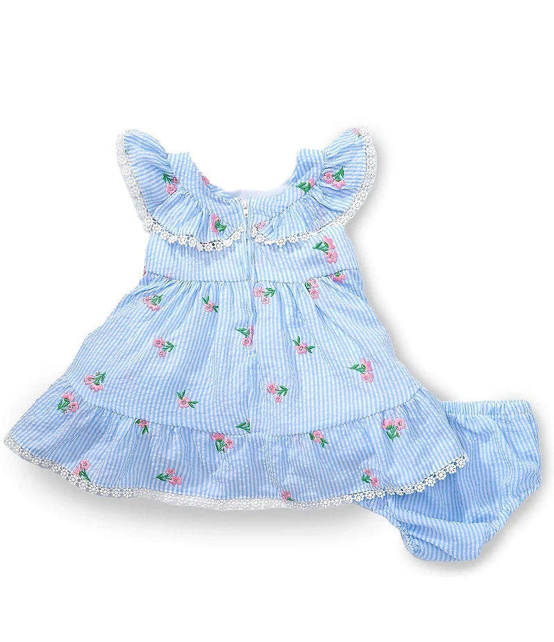Rare Editions Baby Girls Flutter Sleeve Floral Embroidered Seersucker Fit-And-Flare Dress
