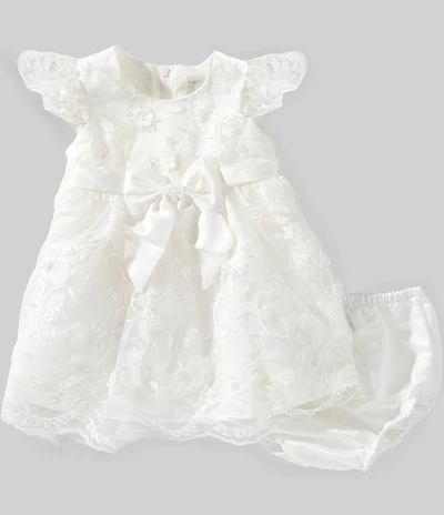 Rare Editions Baby Girls Flutter Sleeve Floral Lace Ribbon Bow Trim Fit-And-Flare Dress