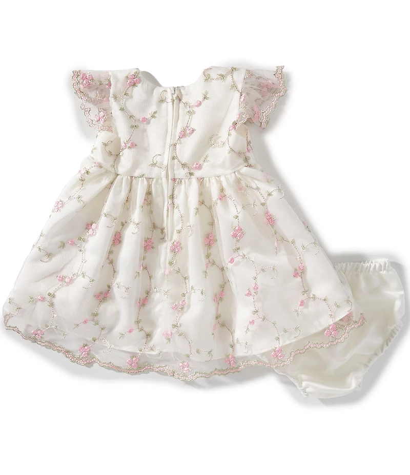 Rare Editions Baby Girls Flutter-Sleeve Floral/Vine-Embroidered Fit-And-Flare Dress