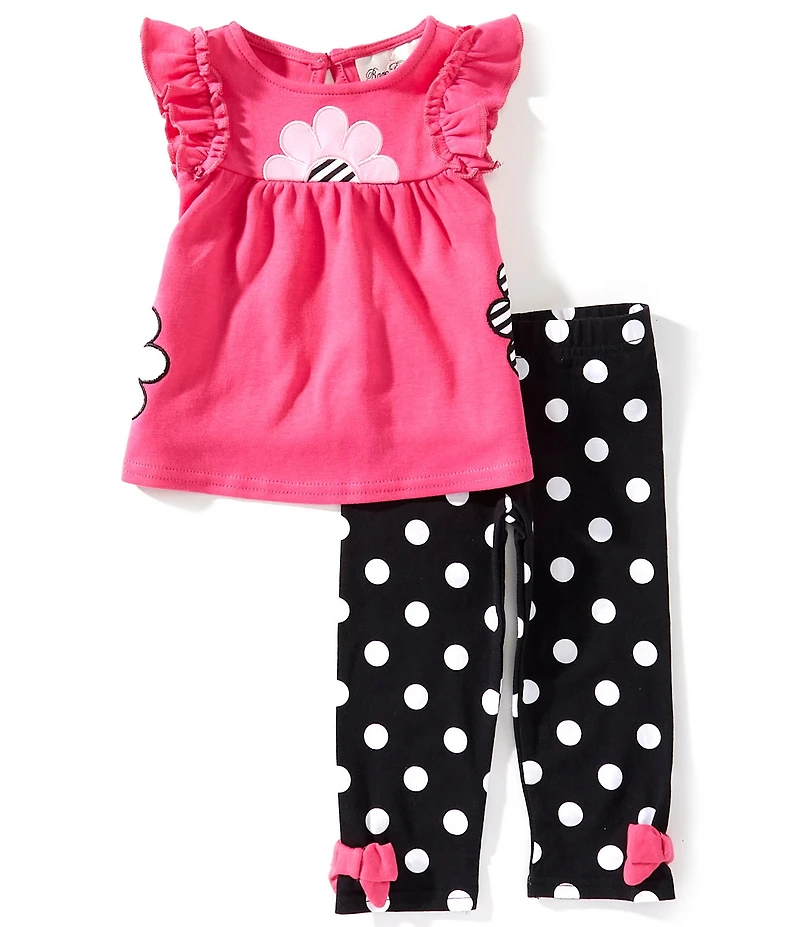 Rare Editions Baby Girls Flutter-Sleeve Flower-Appliqued Tunic Top & Large-Dot Leggings Set
