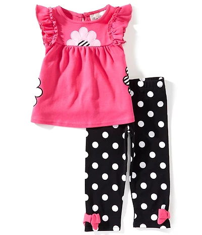 Rare Editions Baby Girls Flutter-Sleeve Flower-Appliqued Tunic Top & Large-Dot Leggings Set
