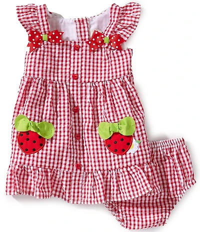 Rare Editions Baby Girls Flutter-Sleeve Gingham-Checked/Strawberry-Applique Seersucker Dress