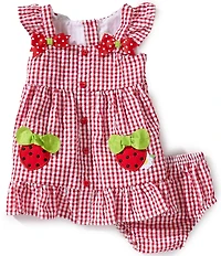 Rare Editions Baby Girls Flutter-Sleeve Gingham-Checked/Strawberry-Applique Seersucker Dress