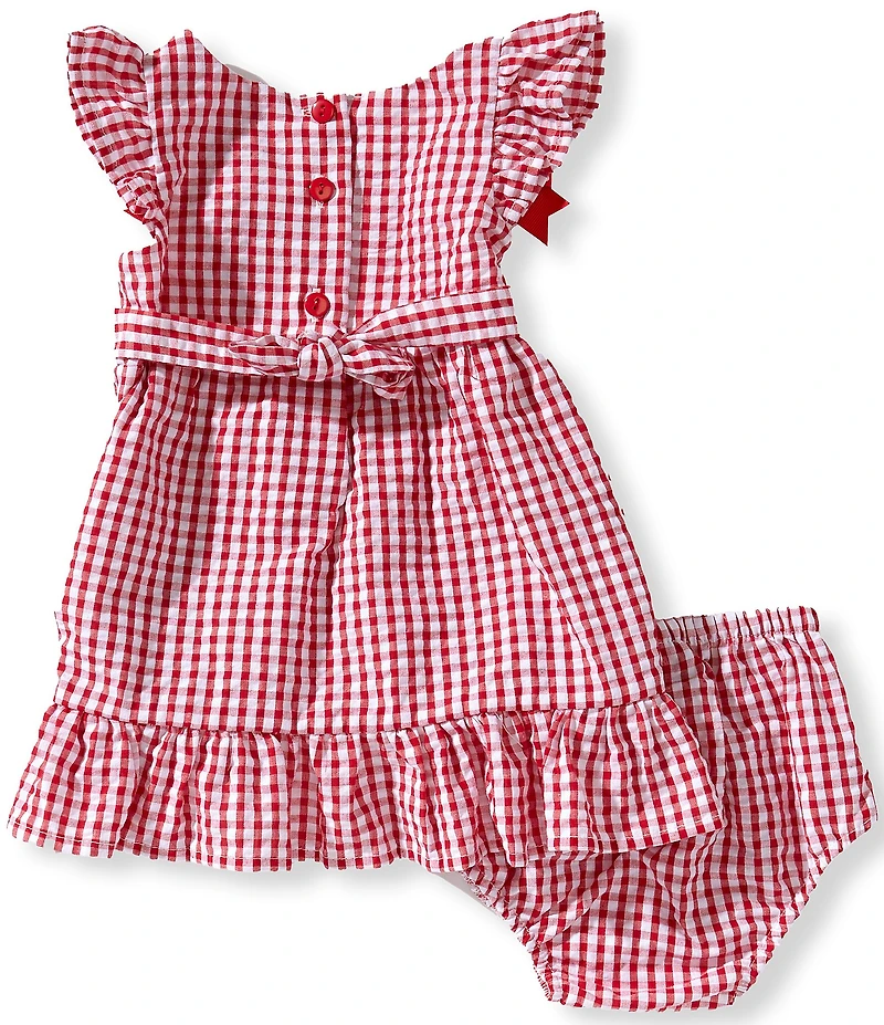 Rare Editions Baby Girls Flutter-Sleeve Gingham-Checked/Strawberry-Applique Seersucker Dress