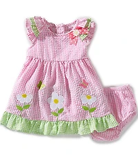 Rare Editions Baby Girls Flutter-Sleeve Gingham-Printed Daisy-Appliqued Fit-And-Flare Dress