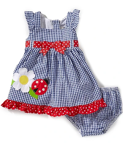 Rare Editions Baby Girls Flutter-Sleeve Ladybug Flower-Appliqued Checked Seersucker Dress
