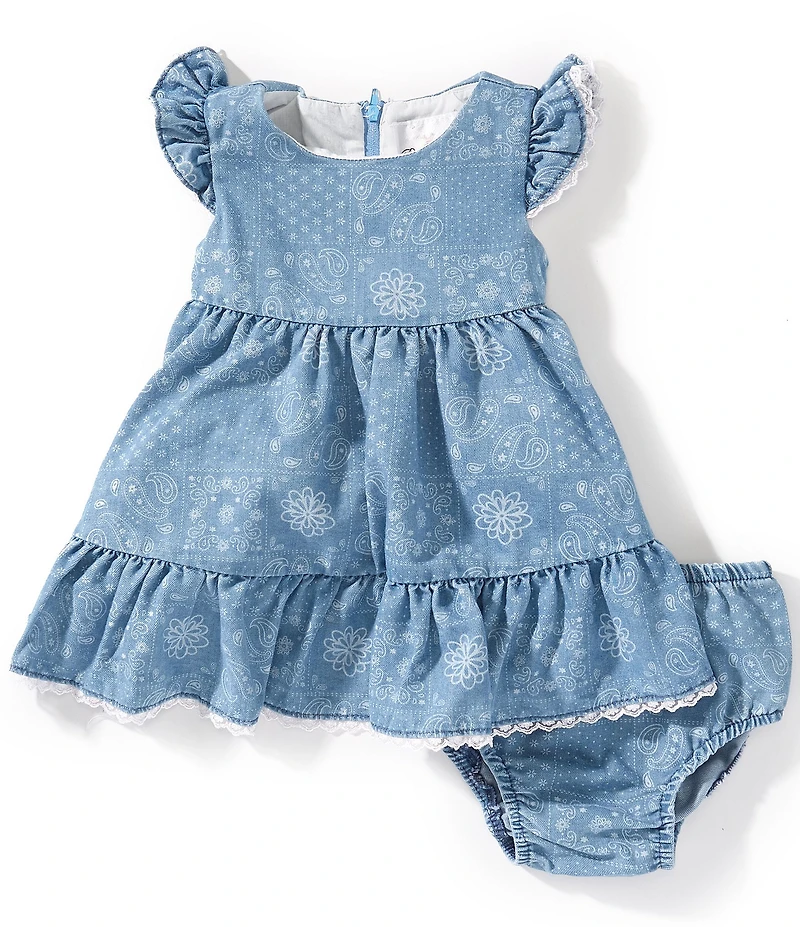 Rare Editions Baby Girls Flutter-Sleeve Mixed-Media Patchwork-Printed Denim Dress
