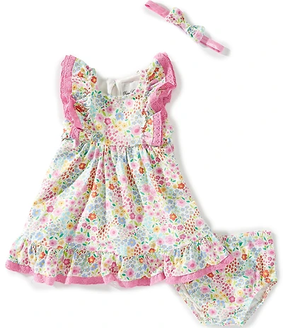 Rare Editions Baby Girls Flutter Sleeve Eyelet Trim Ruffle Hem Ditsy Floral Print Fit-And-Flare Dress