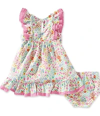 Rare Editions Baby Girls Flutter Sleeve Eyelet Trim Ruffle Hem Ditsy Floral Print Fit-And-Flare Dress