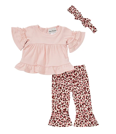 Rare Editions Baby Girls Flutter-Sleeve Solid Top & Leopard-Printed Flare-Hem Leggings Set