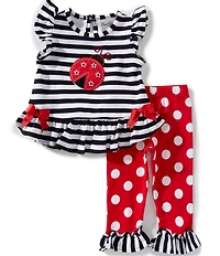 Rare Editions Baby Girls Flutter-Sleeve Striped Ladybug-Appliqued Tunic Top & Large-Dot Leggings Set