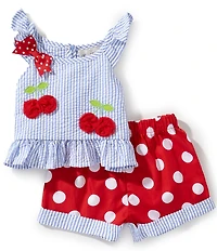 Rare Editions Baby Girls Flutter-Sleeve Striped/Cherry-Appliqued Seersucker Top & Large-Dot Shorts Set
