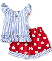 Rare Editions Baby Girls Flutter-Sleeve Striped/Cherry-Appliqued Seersucker Top & Large-Dot Shorts Set