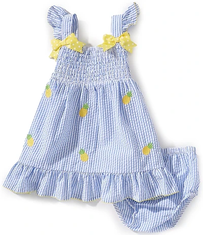 Rare Editions Baby Girls Flutter-Sleeve Striped/Pineapple-Schiffli-Embroidered Dress