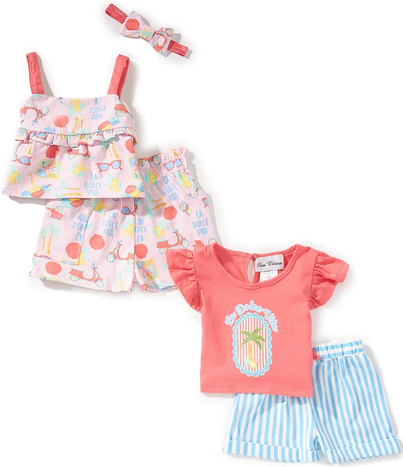 Rare Editions Baby Girls Graphic T-Shirt, Island-Inspired-Printed Shorts, Island-Inspired-Printed Tank Top & Striped Shorts Set