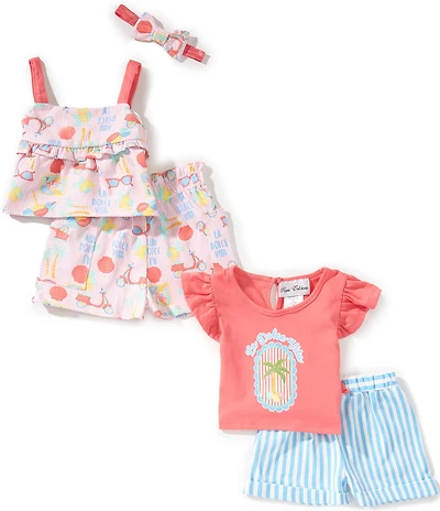 Rare Editions Baby Girls Graphic T-Shirt, Island-Inspired-Printed Shorts, Island-Inspired-Printed Tank Top & Striped Shorts Set