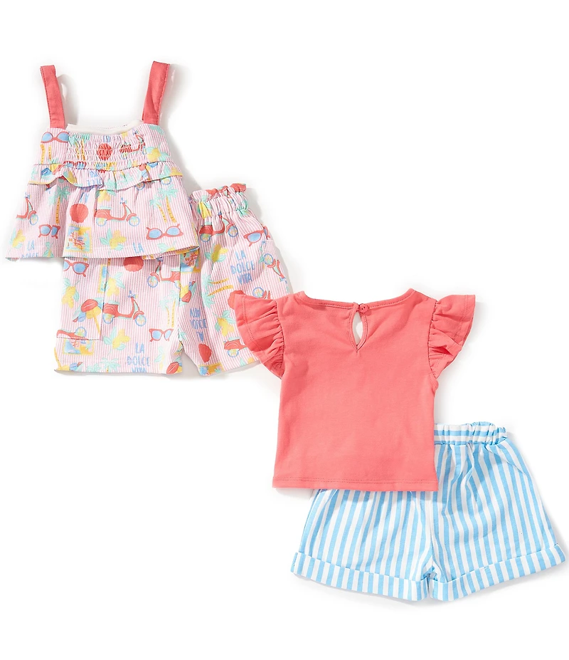 Rare Editions Baby Girls Graphic T-Shirt, Island-Inspired-Printed Shorts, Island-Inspired-Printed Tank Top & Striped Shorts Set
